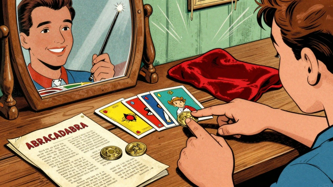 An open magic kit with cards and coins, a child&#039;s hand pointing dramatically at a coin.