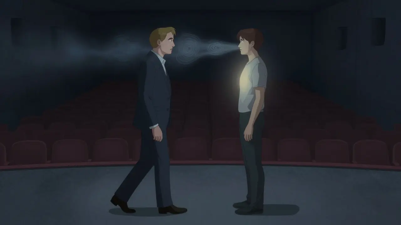 Blaine walks around a volunteer, noting subtle changes in breathing during a mentalism trick.