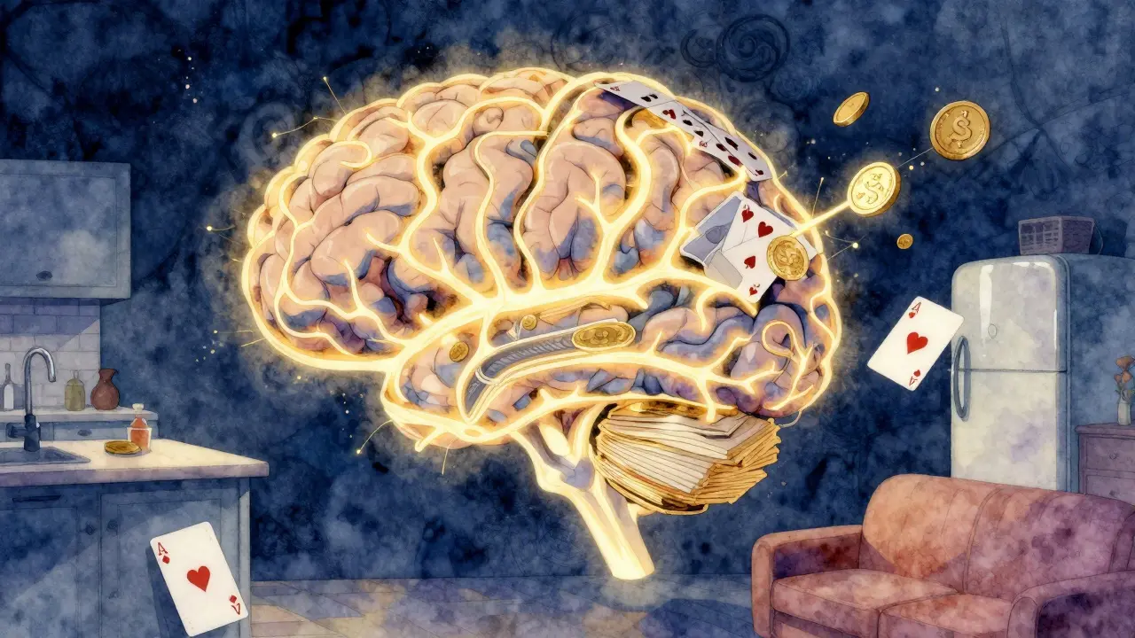 Brain with neural pathways shaped like cards and coins, connected to a mental home landscape.