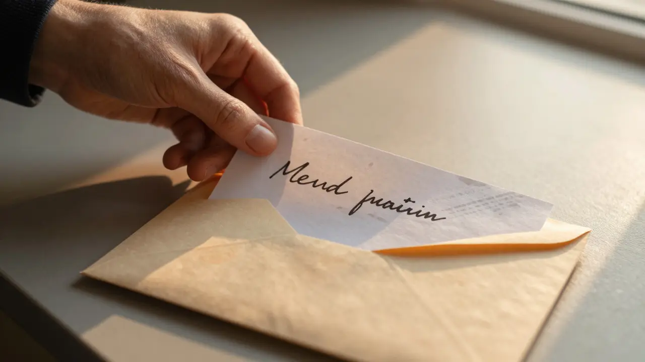 Close-up of a hand placing paper into an envelope, with a duplicate already prepared on a nearby table.