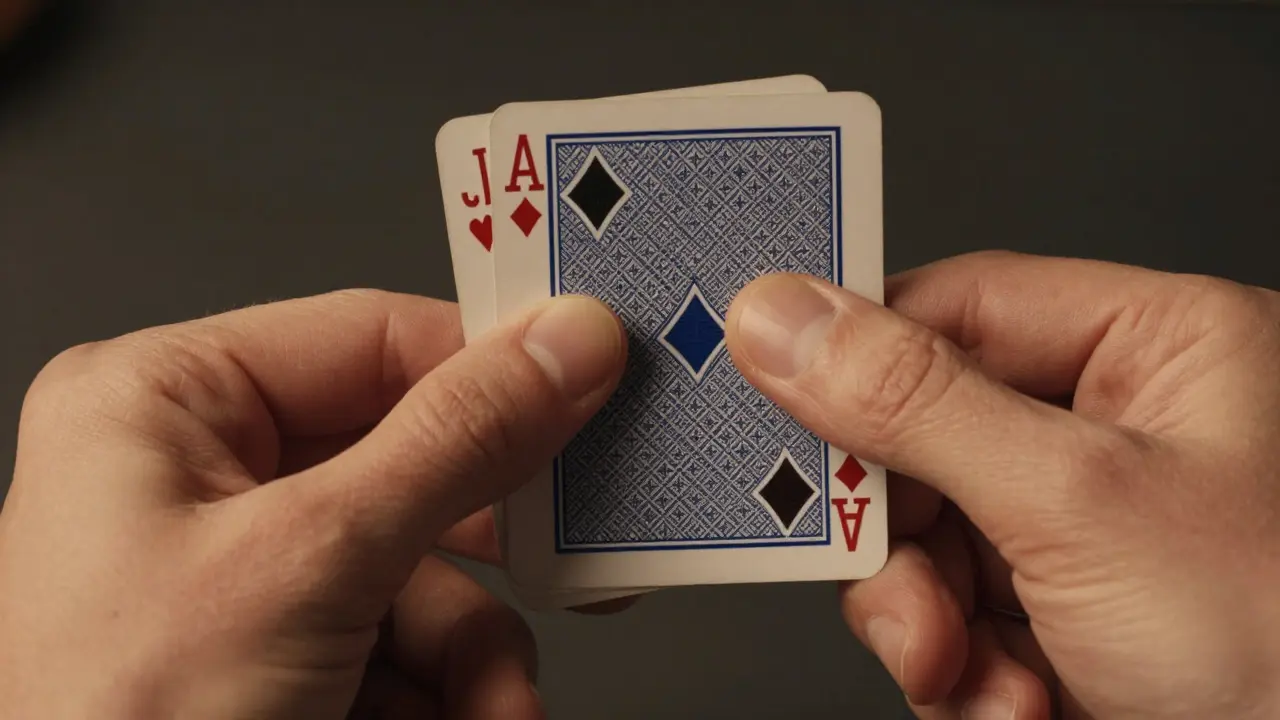 Close-up of hands performing a double lift, revealing the subtle technique of card manipulation.