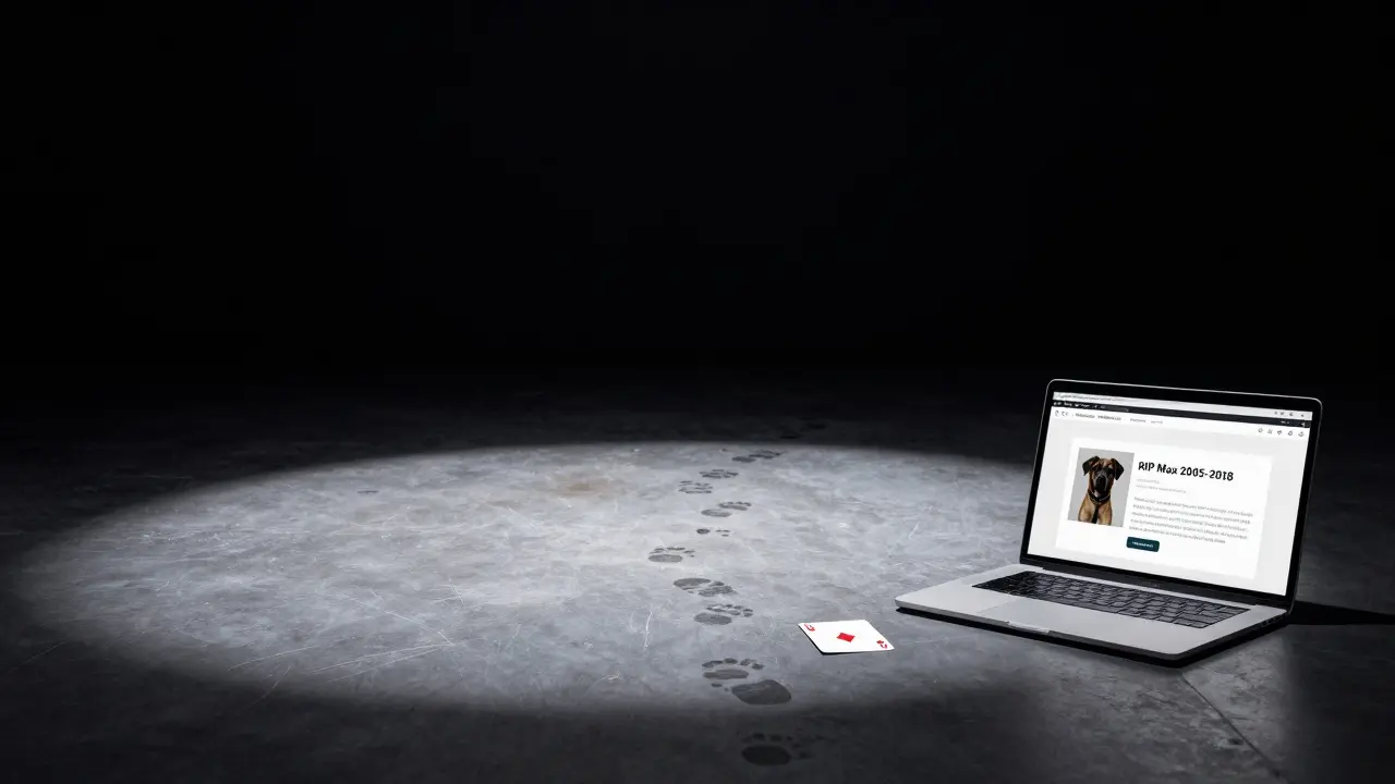 Empty stage with a playing card and open laptop showing a social media memorial, hinting at pre-show research.