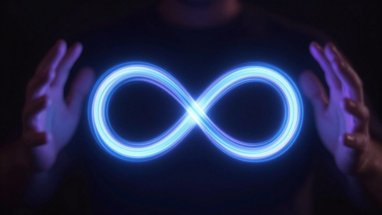 Glowing figure-eight trail of a spinning pen in mid-air against darkness.