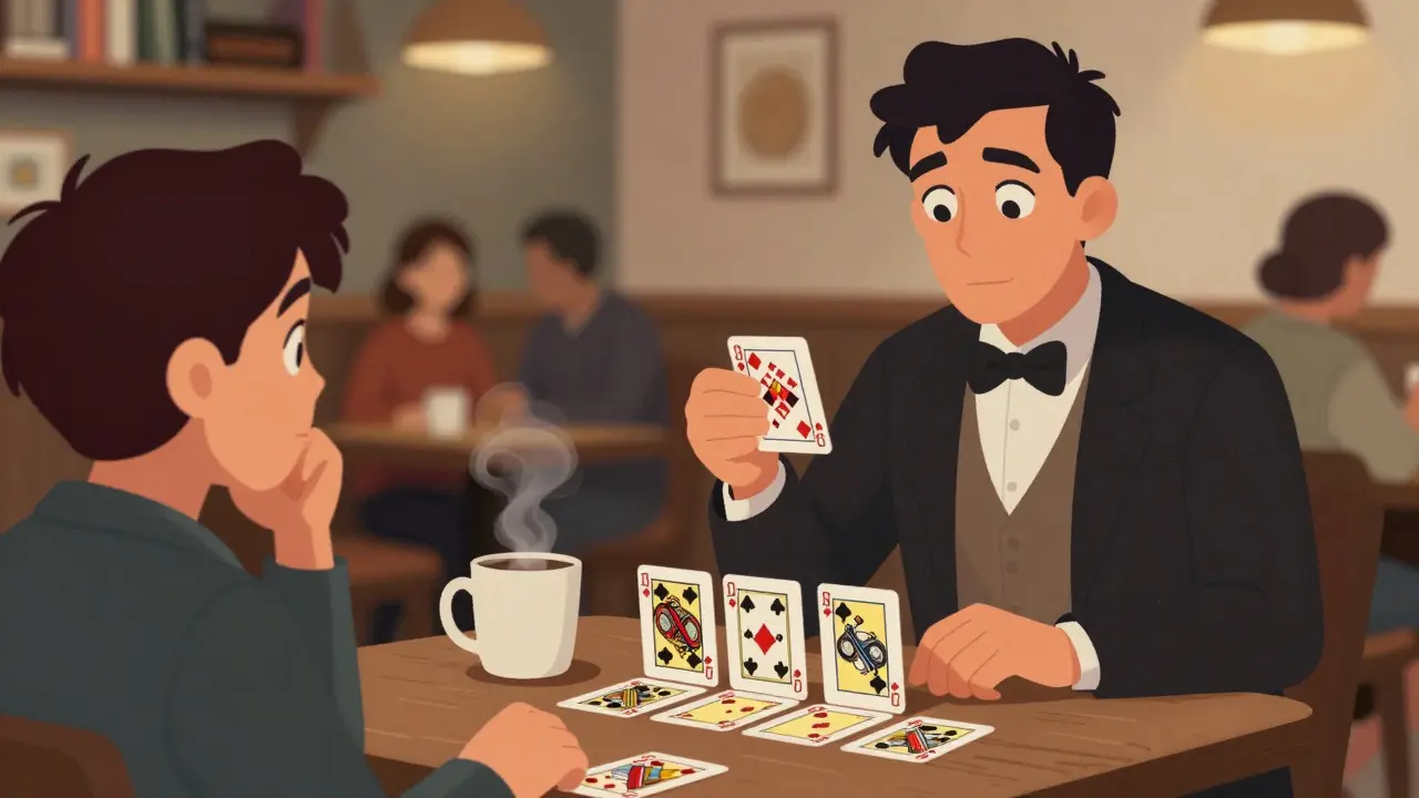 Magician performing a card trick with a listener in a cozy coffee shop, steam rising from a mug.