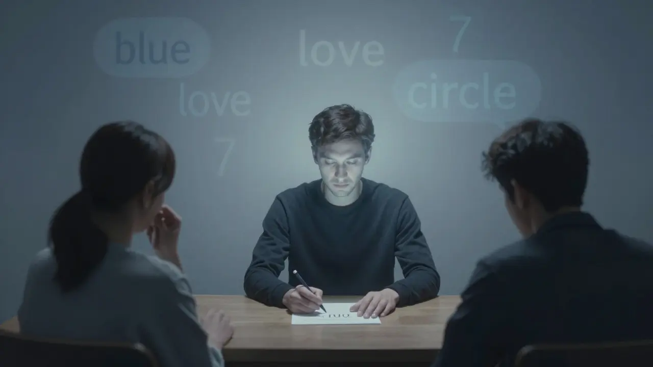 Mentalist and spectator in silent eye contact, with faint predicted words appearing as ghostly thought bubbles.