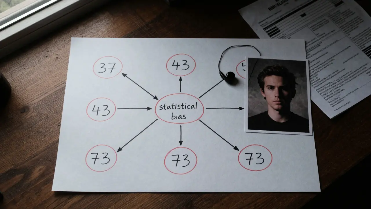 Mind map with biased numbers, hidden earpiece, and survey form on a table.
