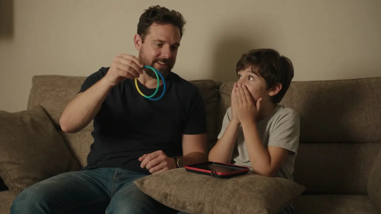 Parent and child sharing amazement during a rubber band magic trick on the couch.