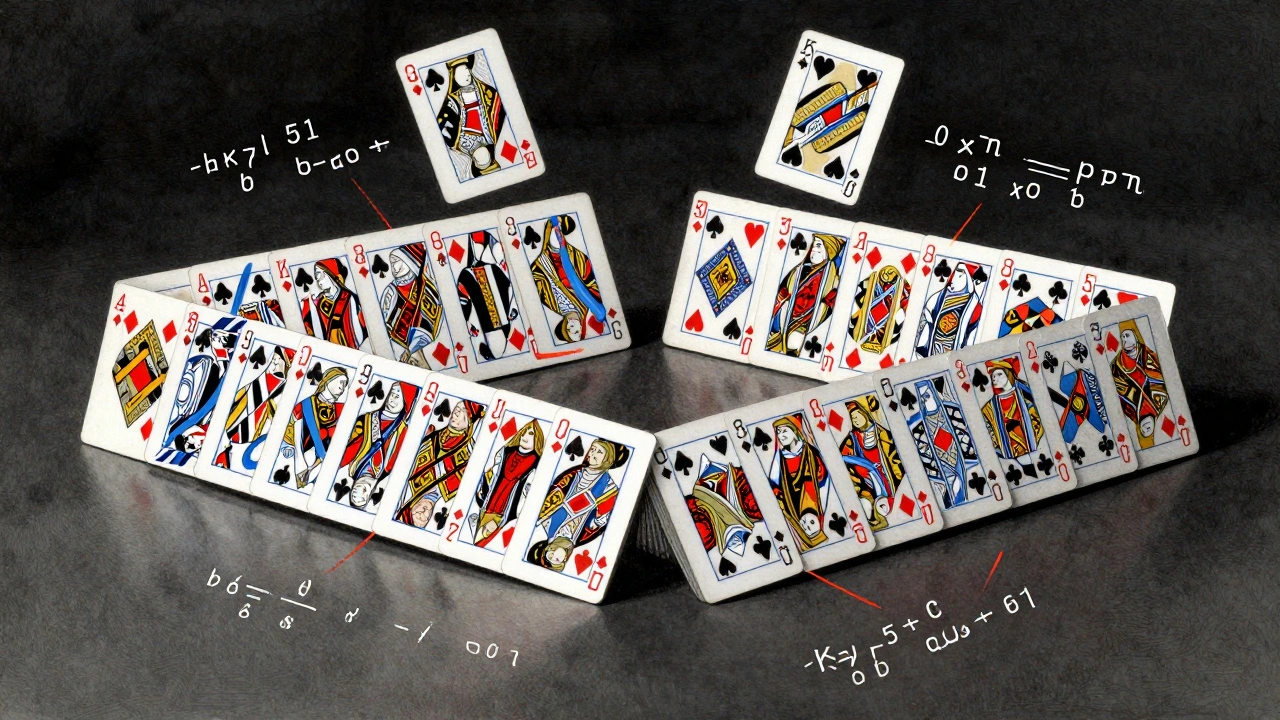 Perfect Faro shuffle with numbered card paths and modular arithmetic equations in the air.