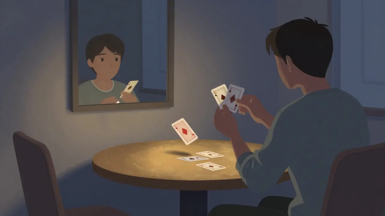 Person practicing card trick by lamplight in a quiet room.