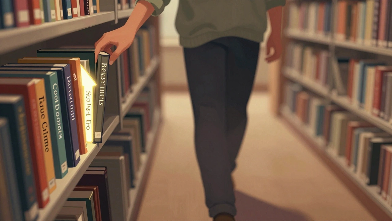 Person selecting a book from a library shelf labeled True Crime and Poetry.