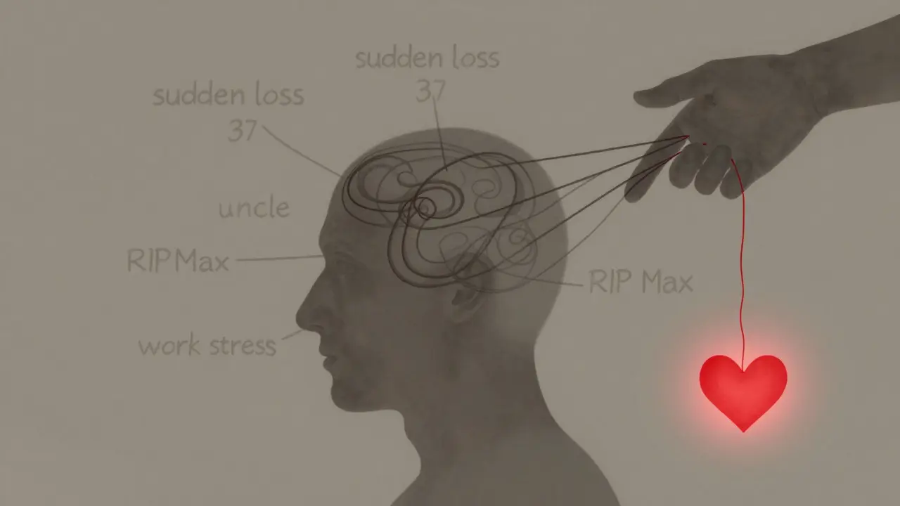 Psychological mind map with vague statements and emotional triggers connected by threads, symbolizing cold reading techniques.