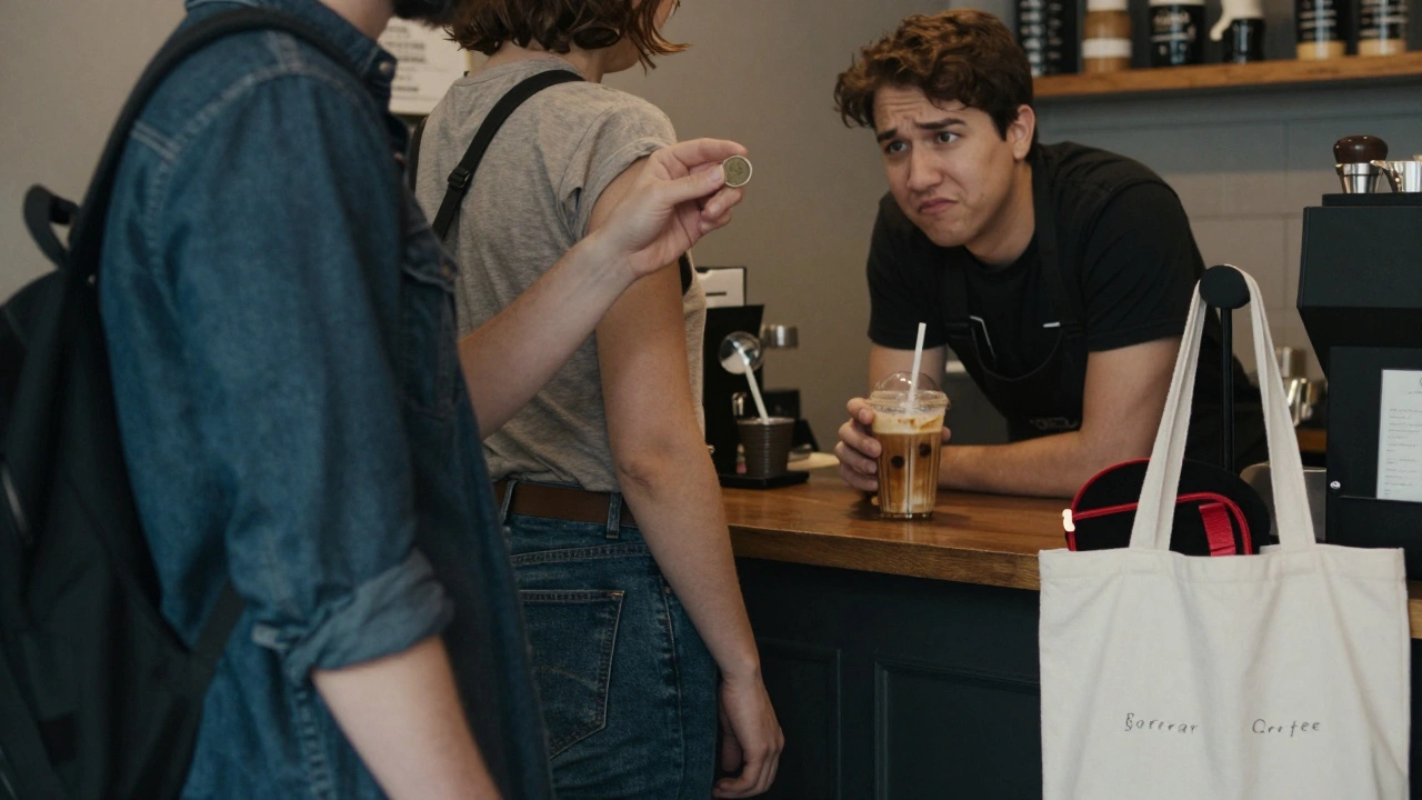 Someone performing a coin trick for a barista in a coffee shop line.