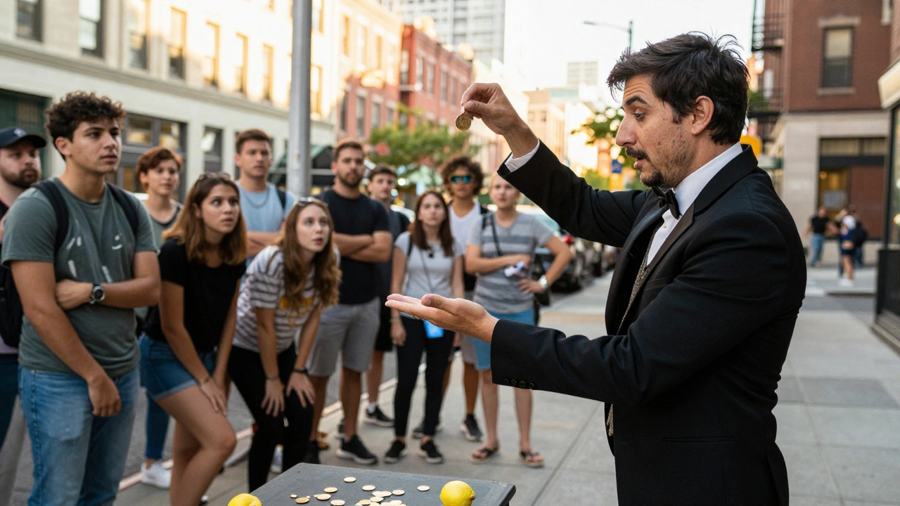 Street magician performing a coin vanish with a curious crowd watching in golden sunlight.