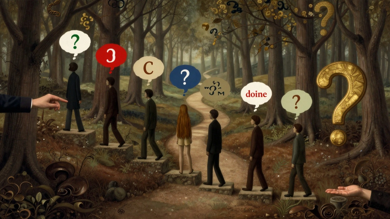 Surreal forest path with human silhouettes guided by invisible hands, thought bubbles above them.