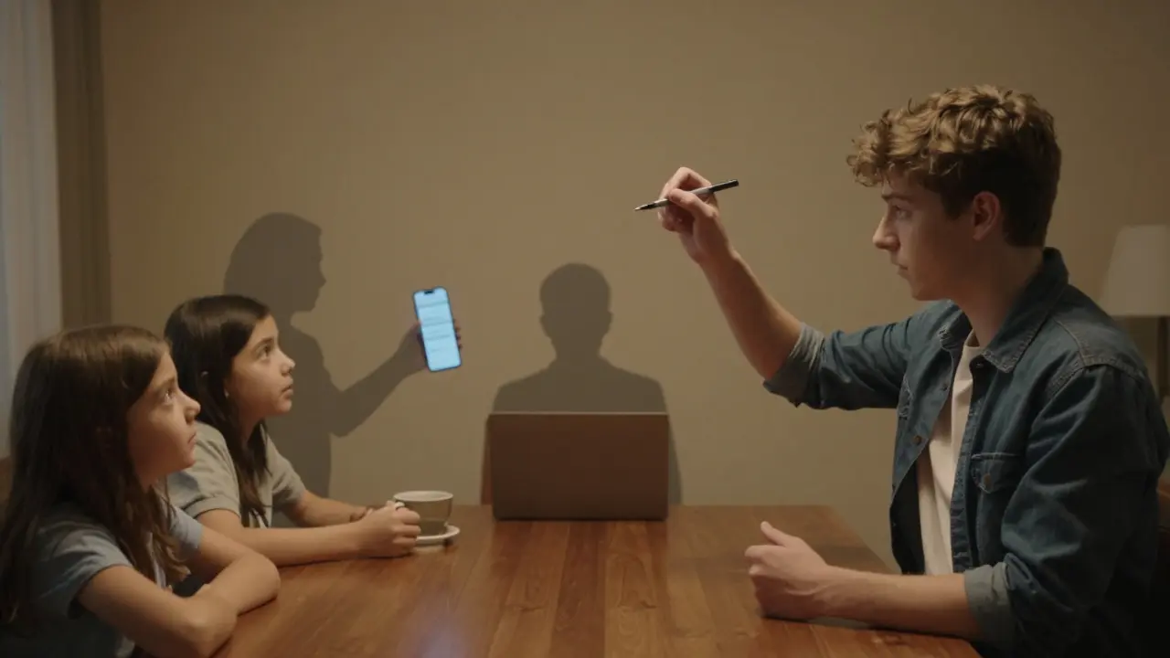 Teen performing a pen trick for a child, abstract elements of daily life fading into the magic.