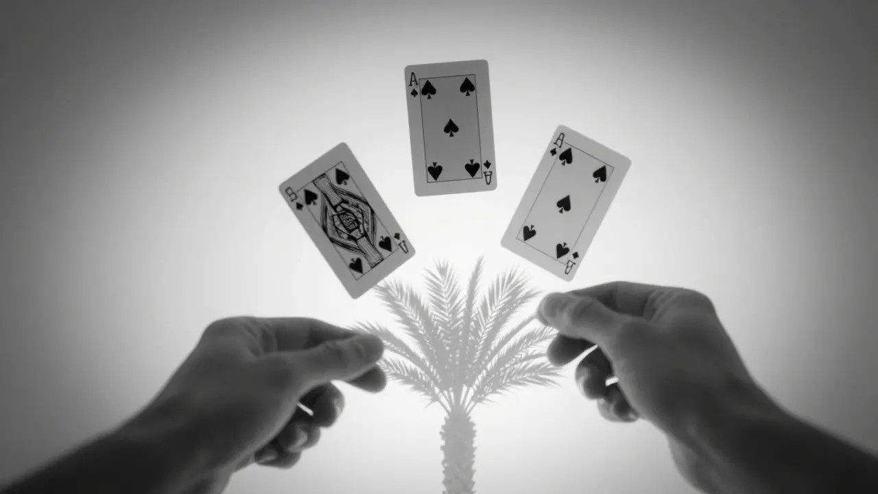 Three playing cards floating above a palm, with ghostly hands subtly influencing one card.