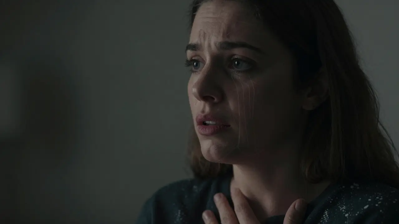 Woman's face showing subtle microexpressions during a cold reading.