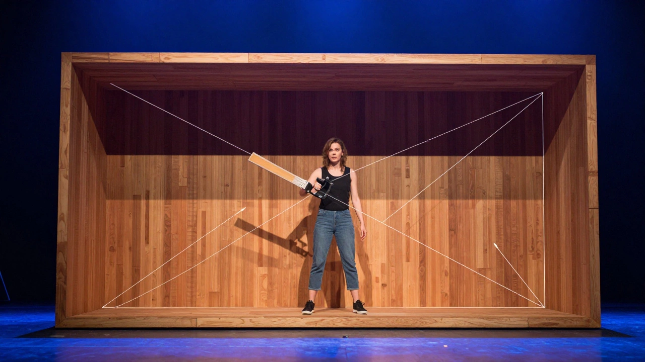 Woman seemingly sawed in half inside a box, with geometric lines revealing the optical illusion.