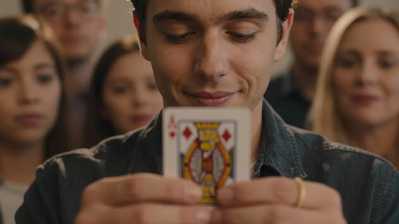 A card rising from a deck as a person performs calmly, with family watching in quiet wonder.