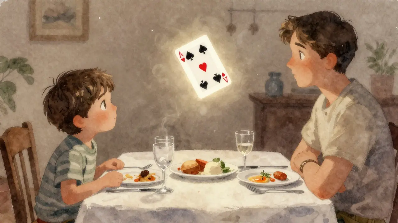 A child and adult gaze in awe at a floating playing card over a dinner table.