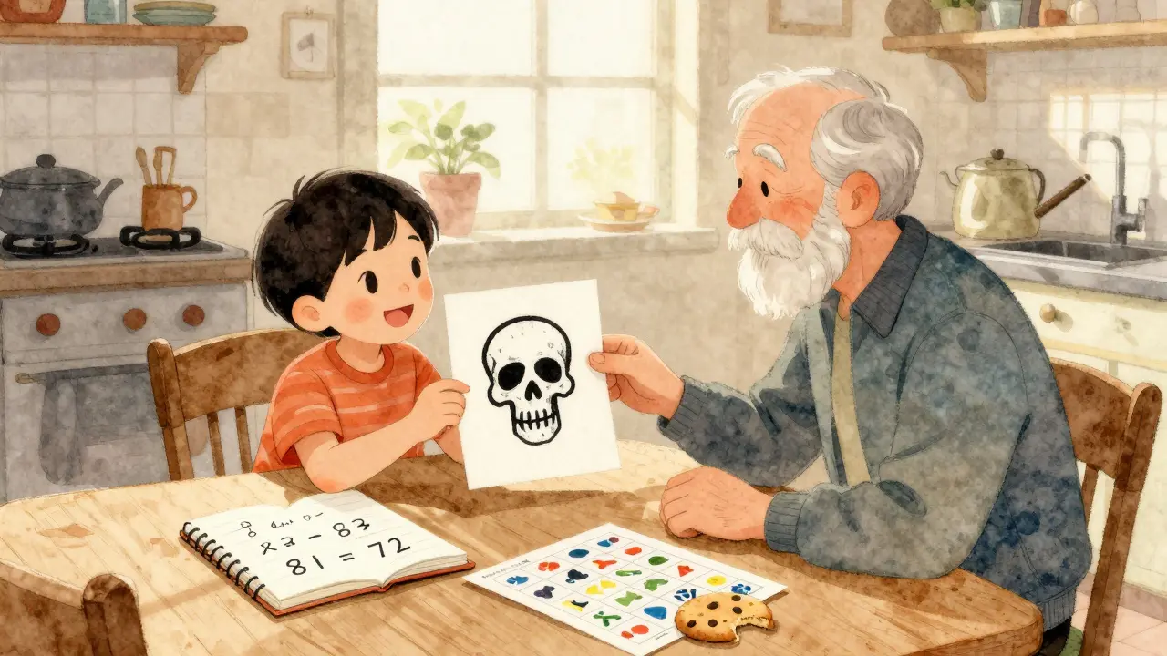 A child and elder smiling at a kitchen table with math scribbles and a revealed symbol.