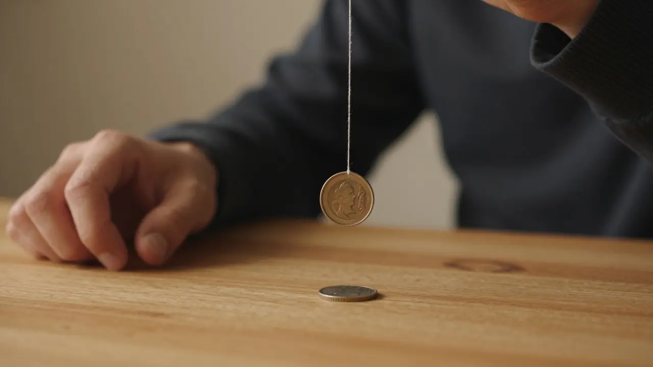 A coin being pulled upward by an invisible thread under a sleeve, while another coin sits on a table.