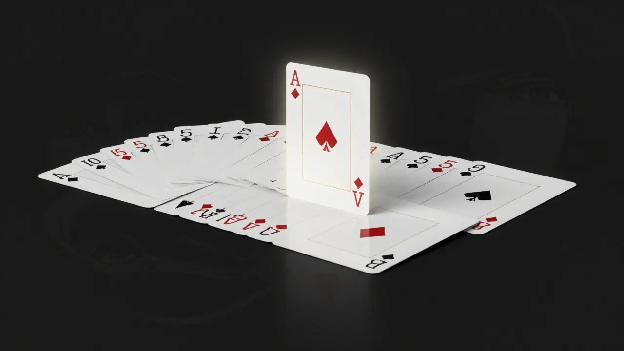 A deck of cards with one card flipped upright, glowing faintly amid 51 face-down cards.