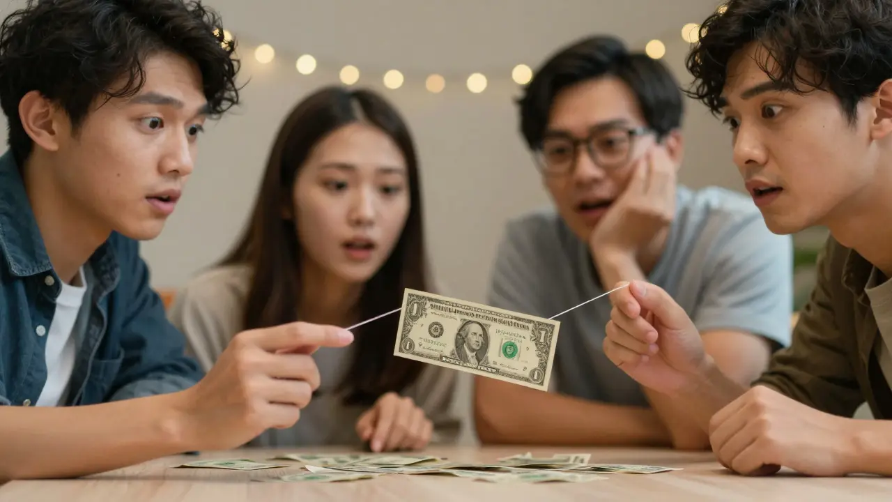 A dollar bill floats mid-air as a group watches in awe, a nearly invisible thread lifting it slightly above the table.