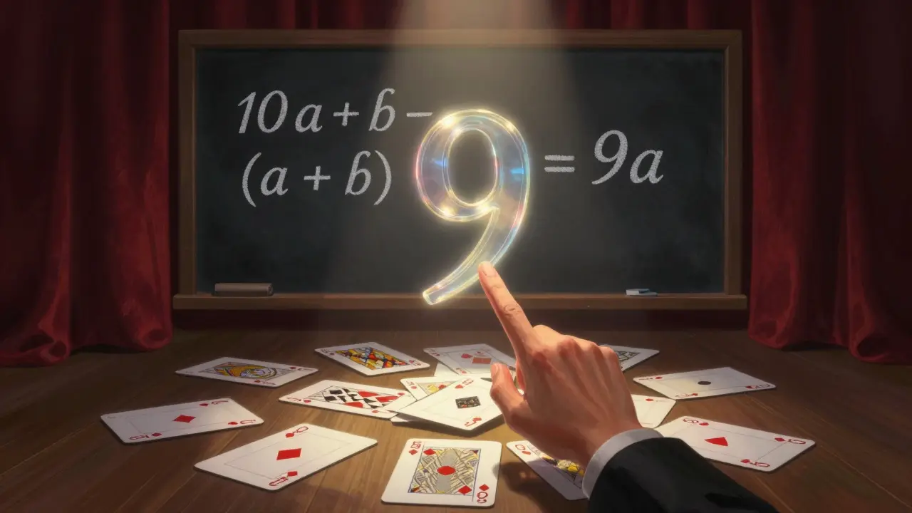 A floating number 9 above a deck of cards with numbers and symbols, glowing math equations in background.
