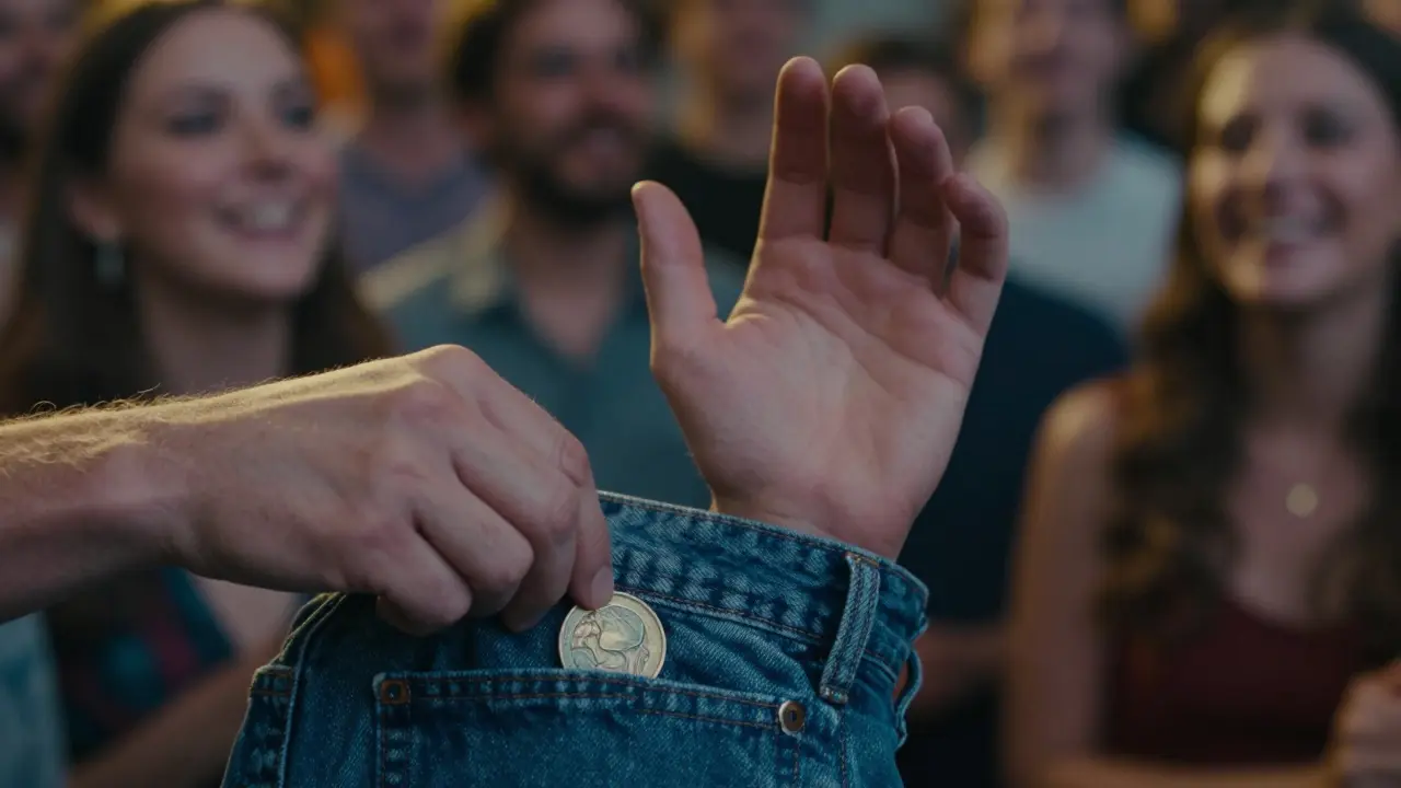 A hand reveals a vanished coin by pulling it from a pocket, with an empty palm visible and party lights in the background.