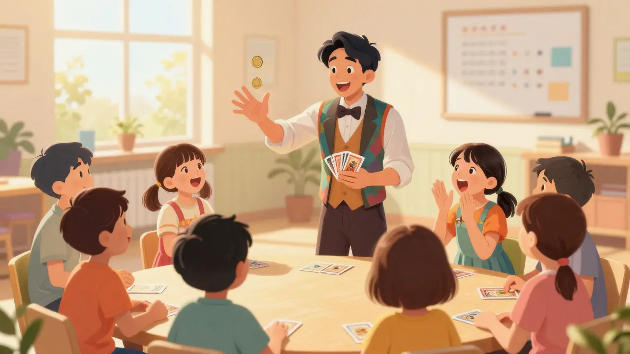 A kind magician making children laugh with a harmless card trick in a sunlit community center.