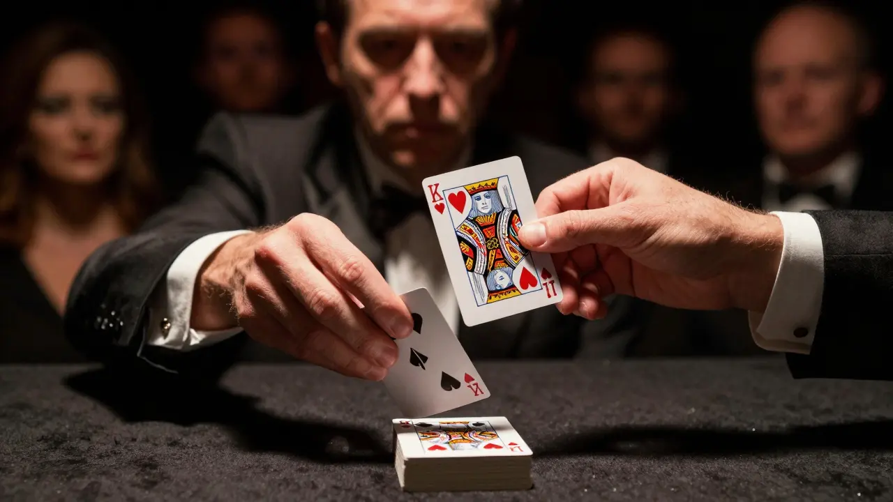 A magician's hands palming a King of Hearts while switching it with a number card during a performance.