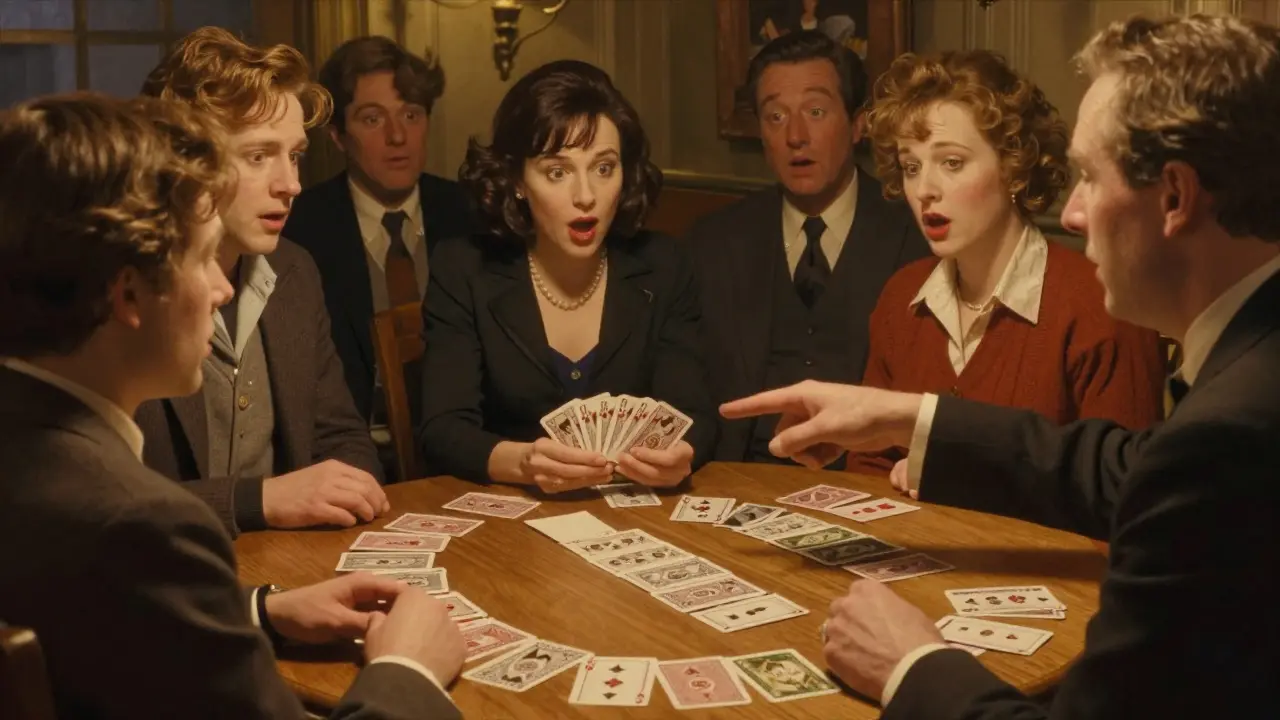 A magician revealing a face-up card at a dinner party while guests react in awe.