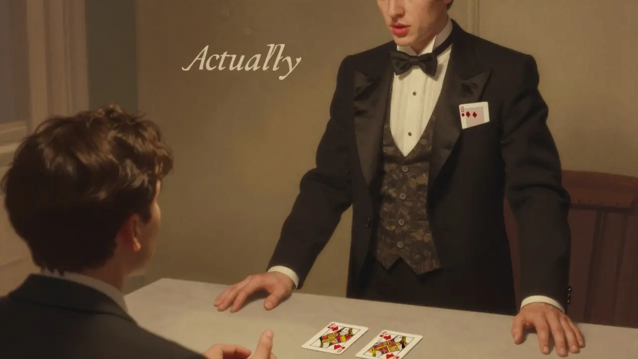 A magician stands beside three cards while a spectator looks puzzled, one card secretly hidden.