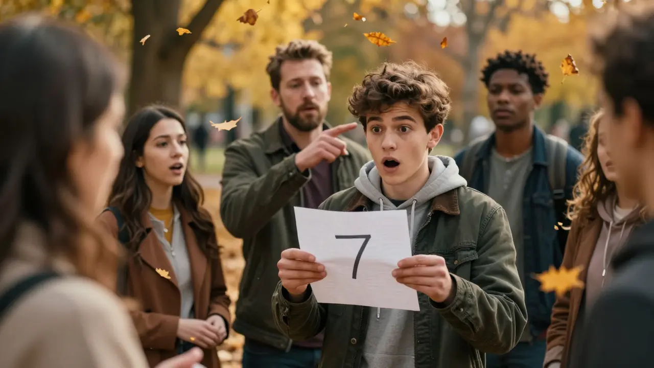 A man amazes a teenager with the number 7 in a sunlit park, others watching in surprise.