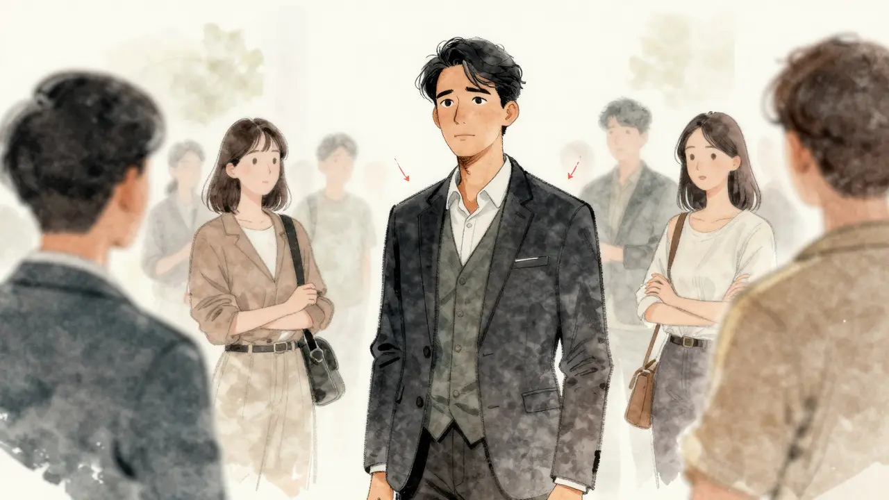 A mentalist in a busy crowd focuses on one person, with visual indicators of micro-expressions around them.