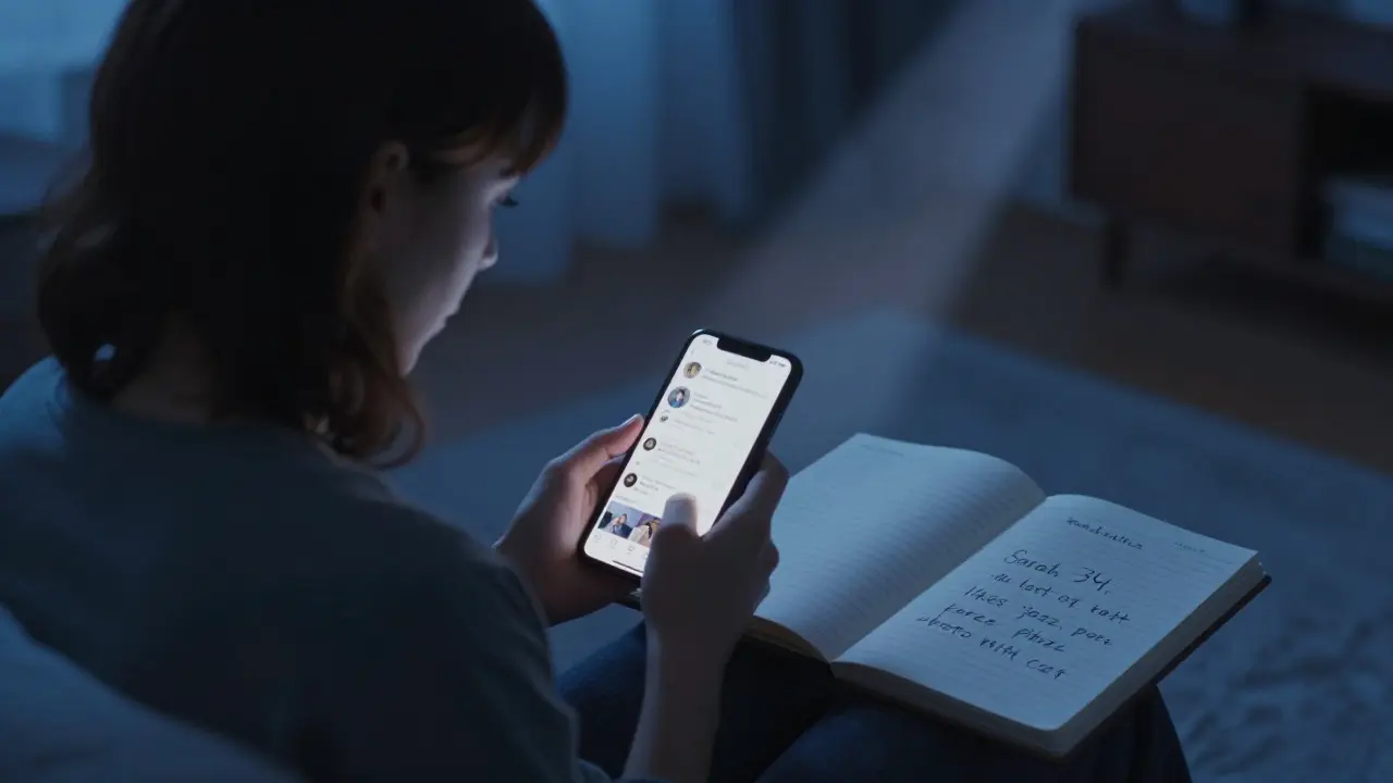 A person browsing social media while a mentalist's notes reveal private details gathered before a show.