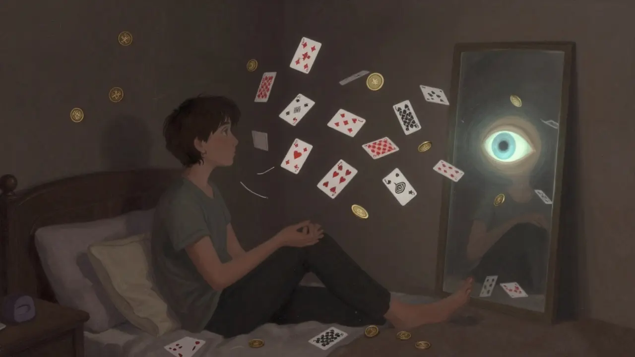 A person in a bedroom with floating cards and coins, their mirror reflection showing a glowing eye.