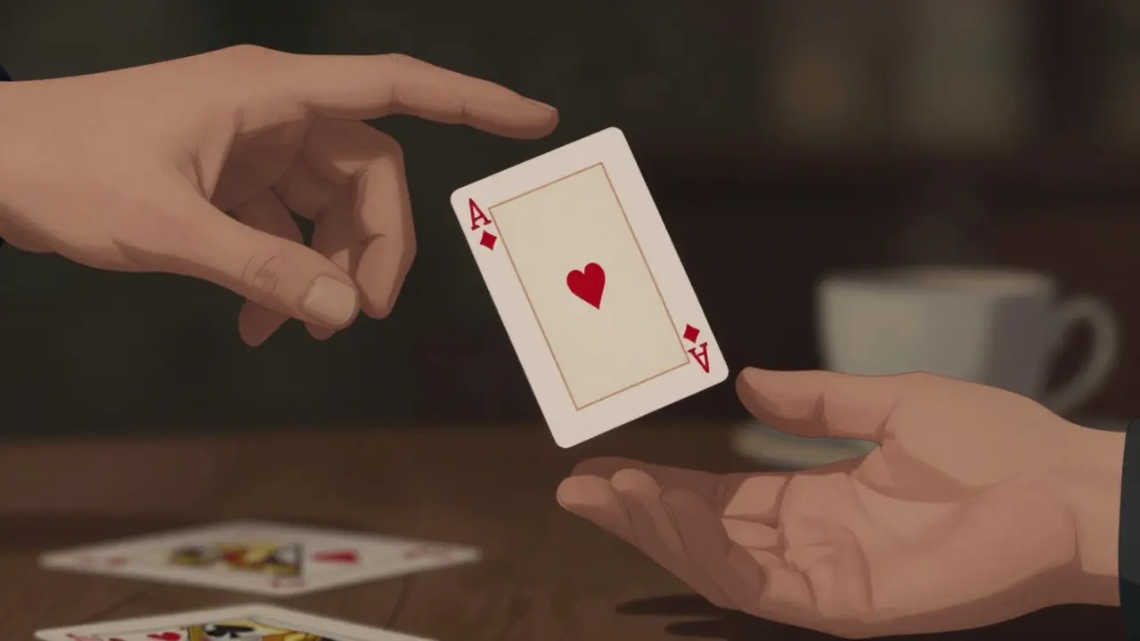 A playing card floating between two hands, with one finger gently lifting it from below.
