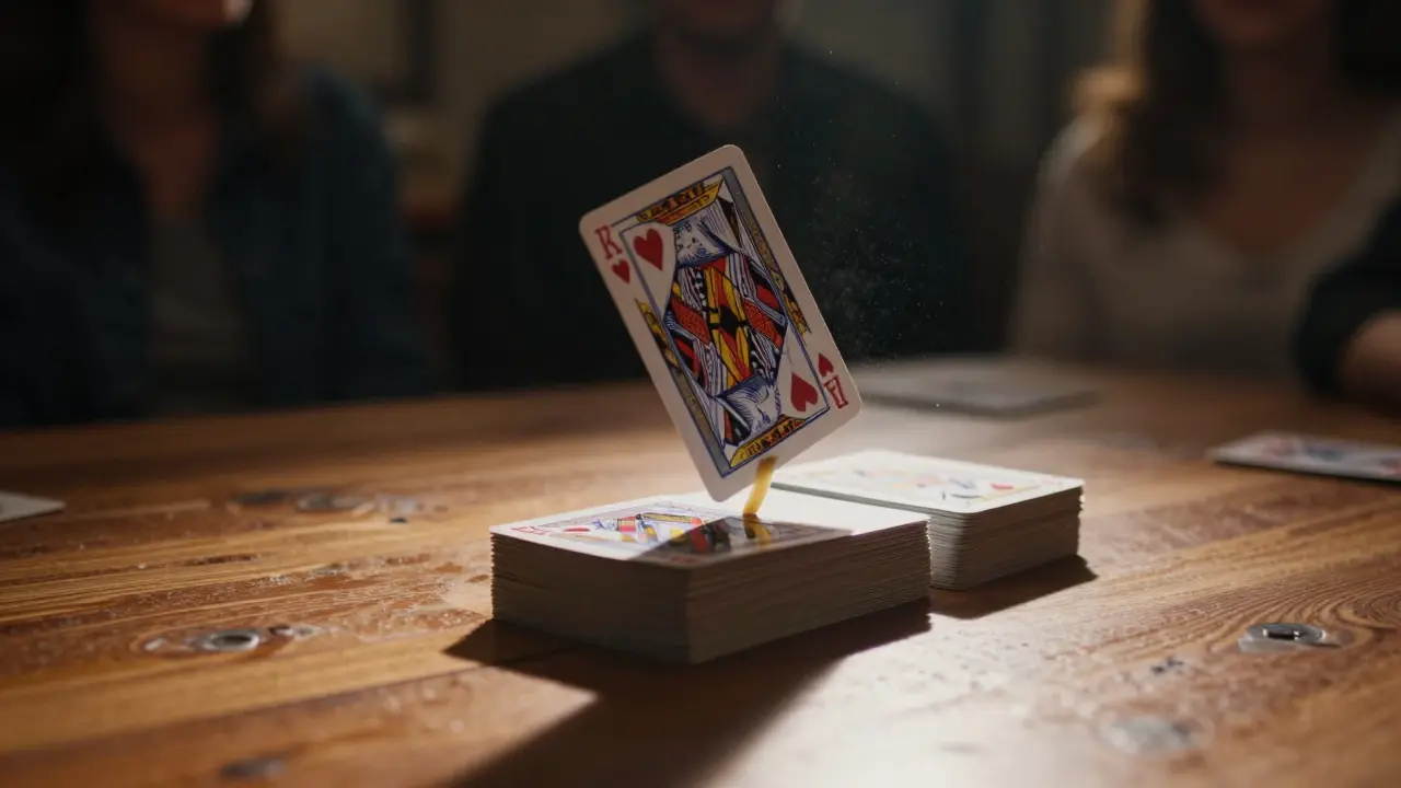 A playing card slowly rising from the center of a shuffled deck.