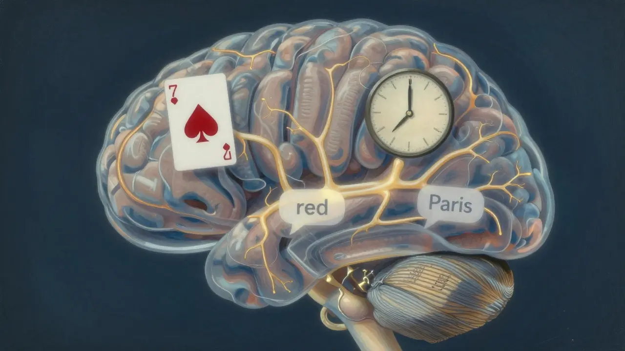 A transparent brain showing thought patterns linked to common choices like numbers and colors.