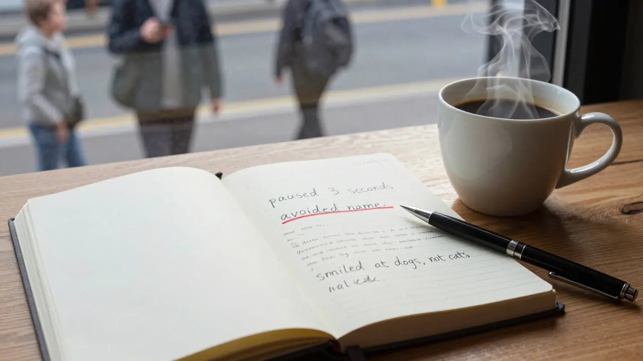 An open journal with handwritten notes on human behavior beside a cup of coffee.