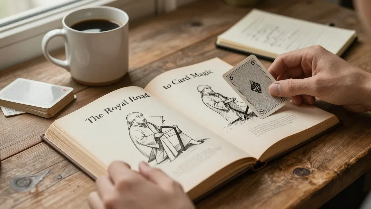 An open magic book with diagrams beside a deck of cards and handwritten notes on a wooden table.