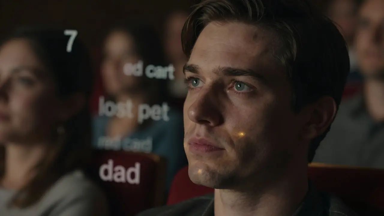 Close-up of a mentalist observing microexpressions in an audience, with subtle emotional hints floating nearby.