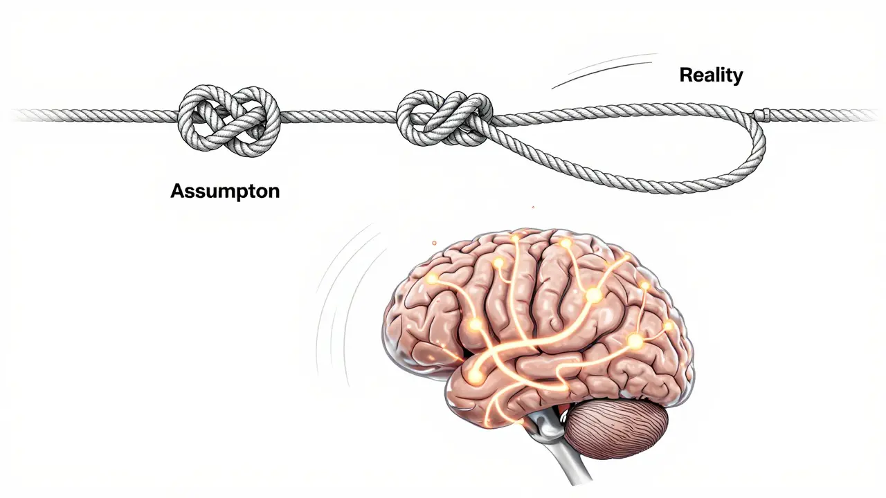 Conceptual brain illustration showing perception vs reality of a rope loop passing through a knot.