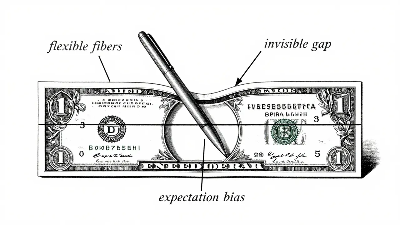 Cross-section diagram of a dollar bill showing a pen sliding between two folded layers, no tear or hole present.
