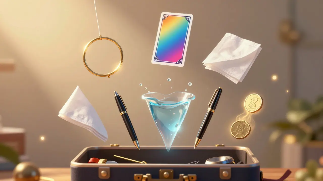 Eight magic trick elements floating above an open magic kit in a dreamy glow.