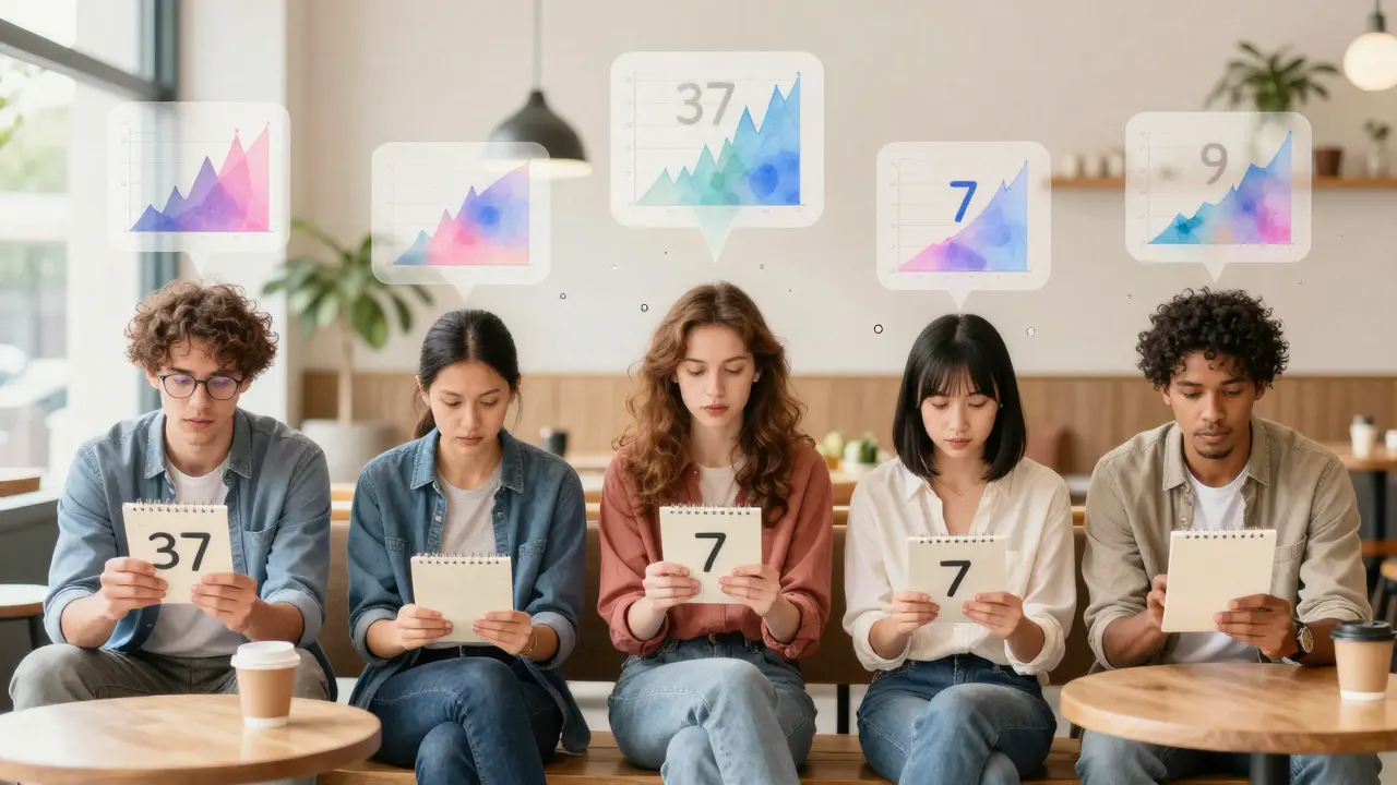 Five people in different settings each write a number, with psychological graphs floating above showing 37 and 7 as peaks.
