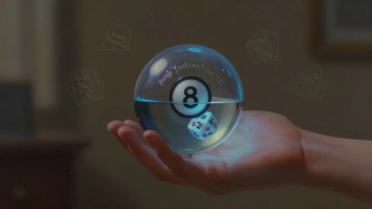 Hand shaking a Magic 8 Ball in mid-air with ghostly answers visible inside the swirling liquid.