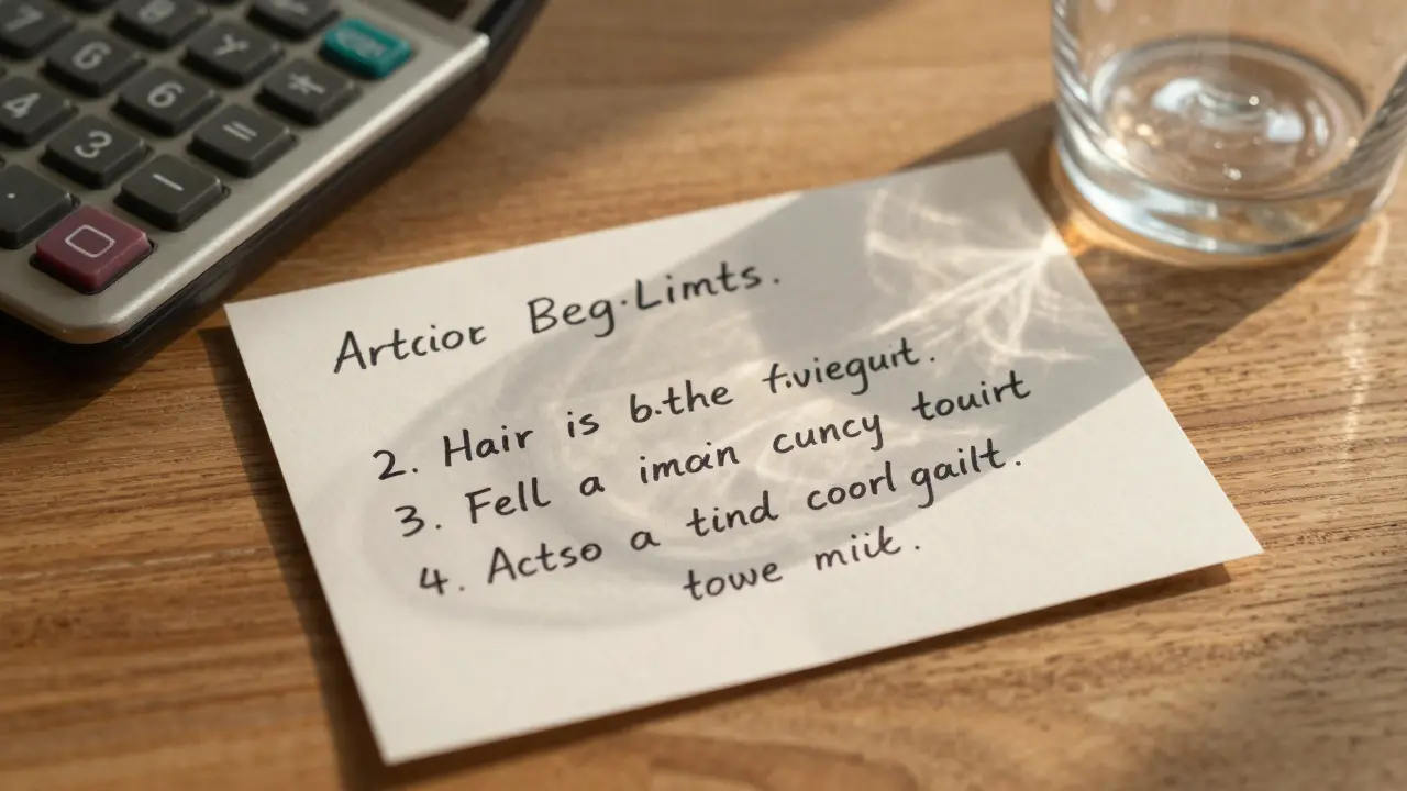 Handwritten trick instructions on a notecard beside a calculator and wine glass.